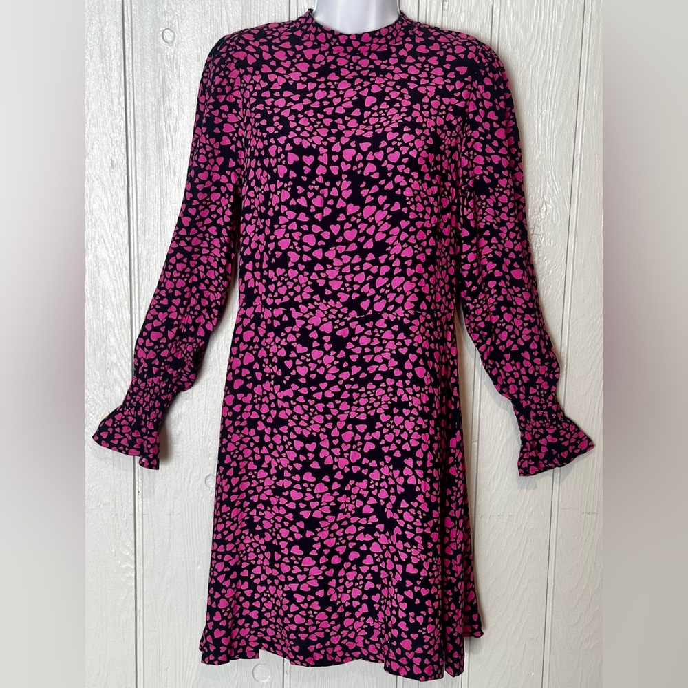 LOFT Pink and Black Heart Pattern Long Sleeve Dress